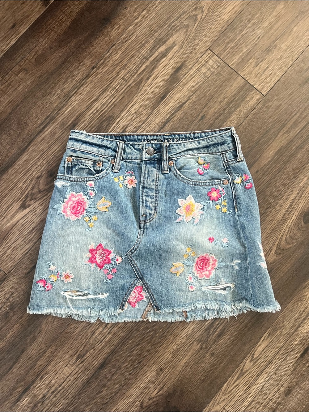 American Eagle | 0 | Denim Mini Skirt with Pink & Yellow Floral Embroidery